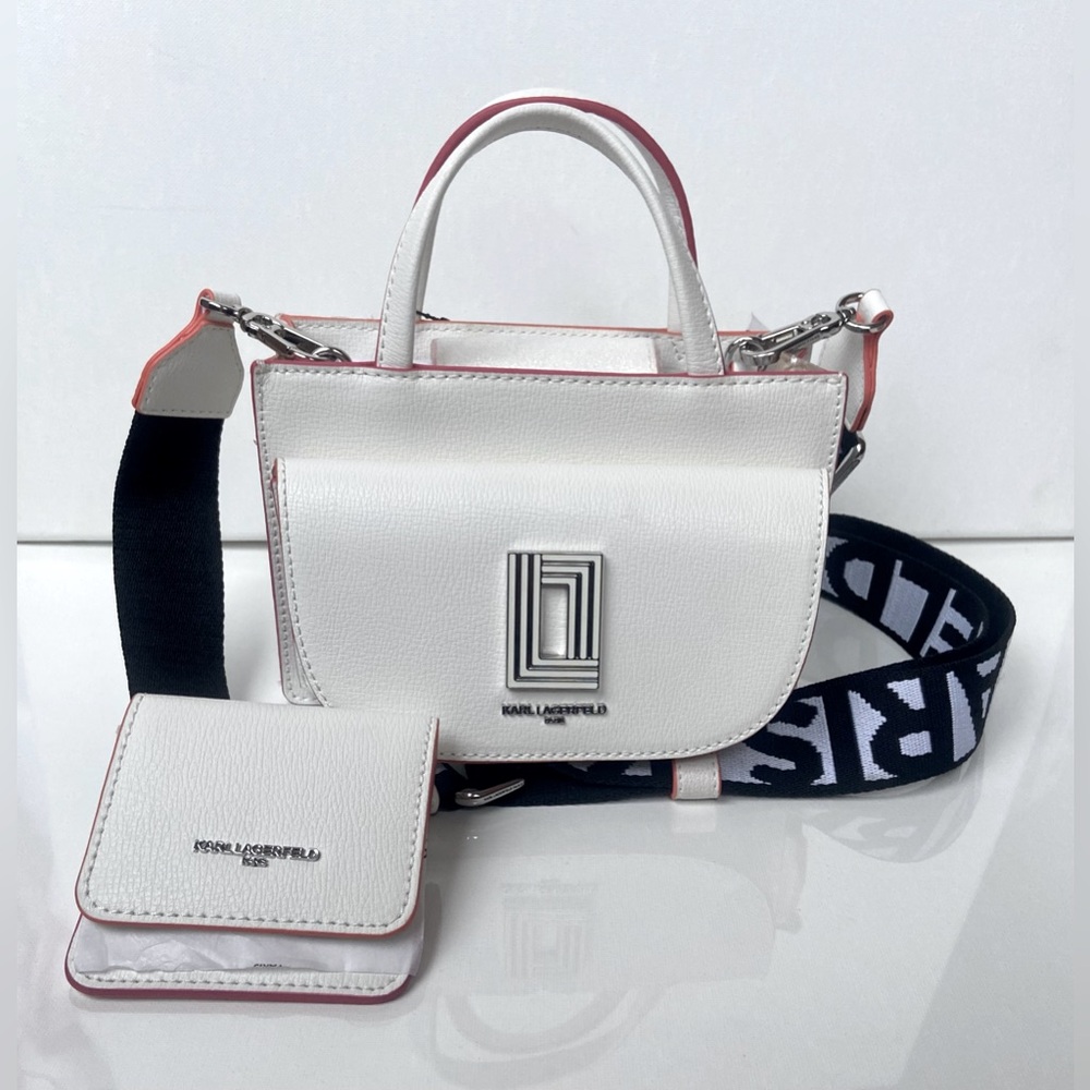 Karl Lagerfeld Mini White, Pink, Orange And Black Strap Crossbody Bag with Silve